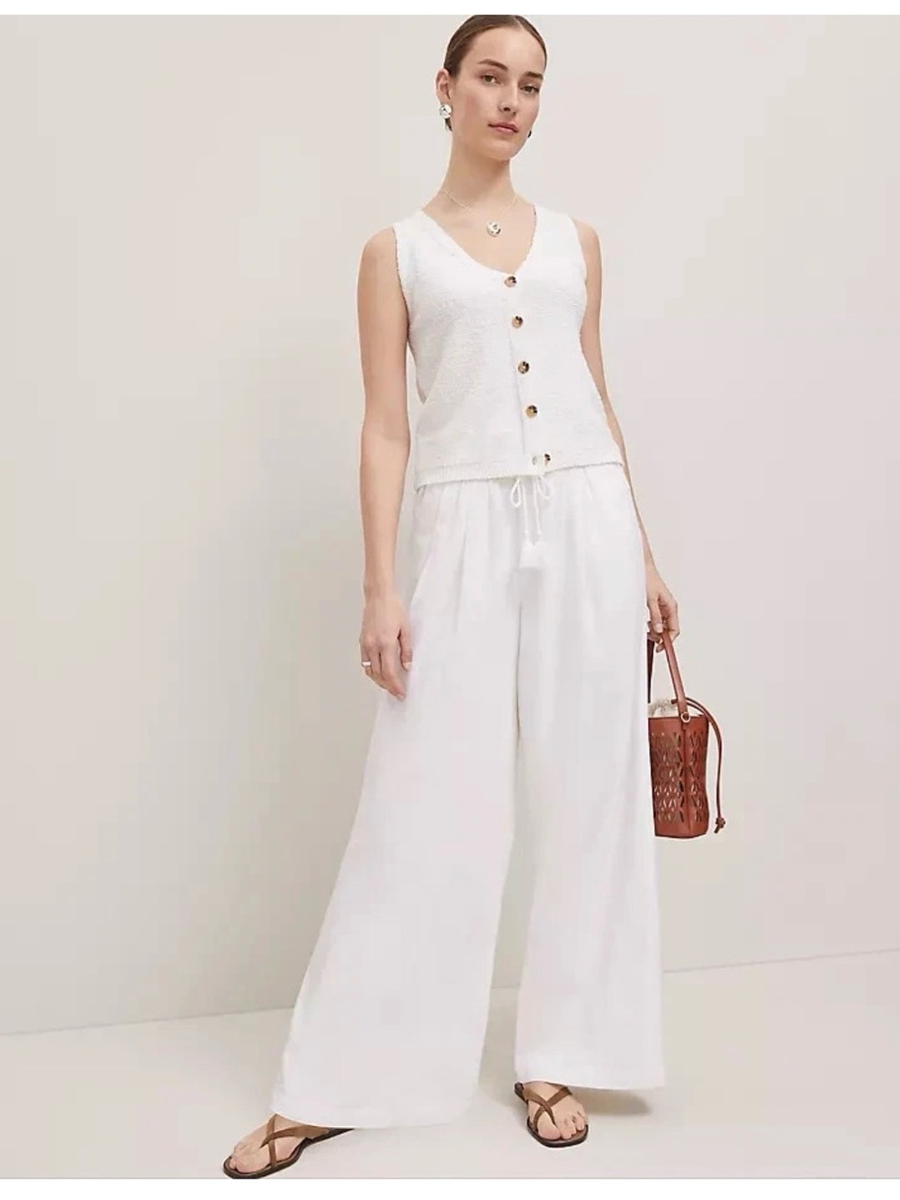 NEW White Ann Taylor Weekend Wide-Leg Drawstring Linen Blend Pants S NWT